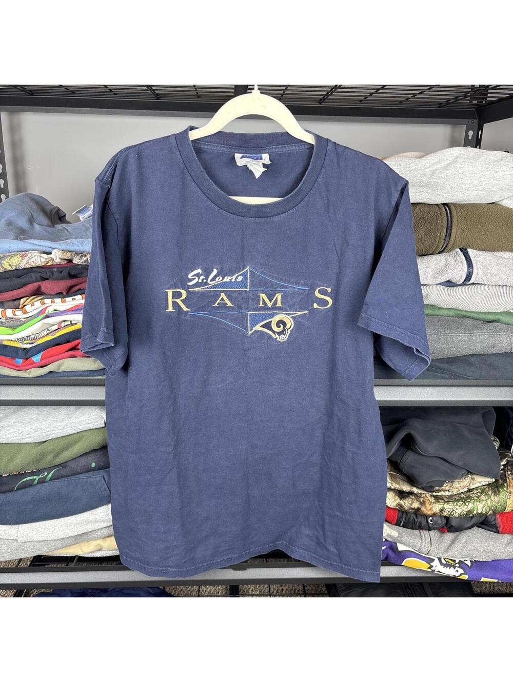 Vintage 90s St. Louis Rams Embroidered NFL Tee CSA Navy Blue Medium